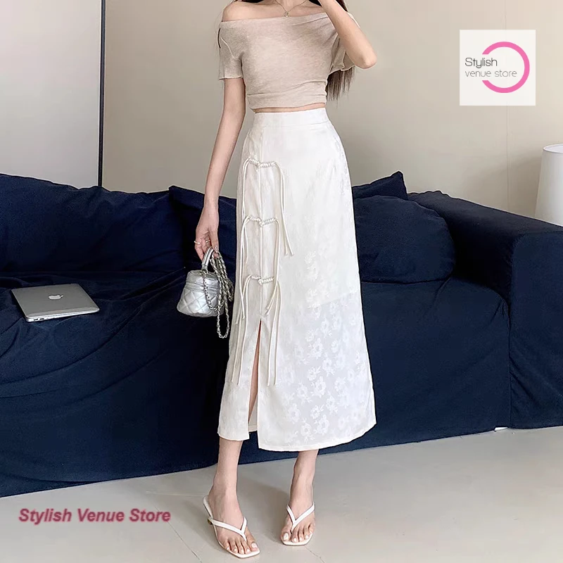 

Жаккардовая юбка в китайском этническом стиле, женская, весенне-осенняя, новая, с высокой талией, на пуговицах, с разрезом, прямая, длинная.