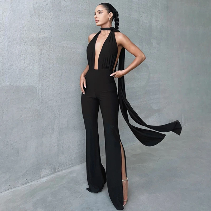 Deep V Wrap Around Halfter sexy rücken freie Flare Hosen Overalls Mode Outfits für Frauen einteilige Stram pler Overalls Bodysuit