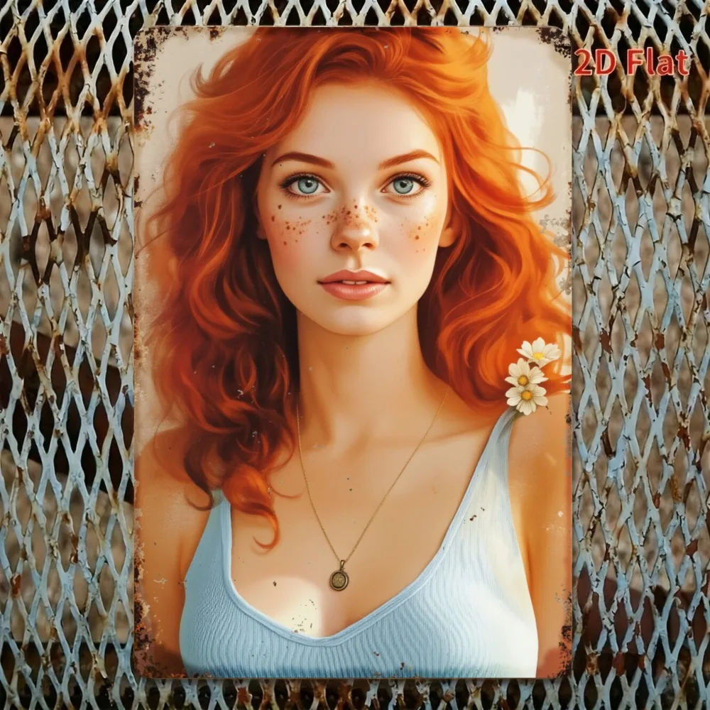 CIFBUY Redhead Woman Metal Sign Blue Top Freckles Daisy Tin Poster Vintage Wall Art For Home Cafe Bar Living Room Decor Gift