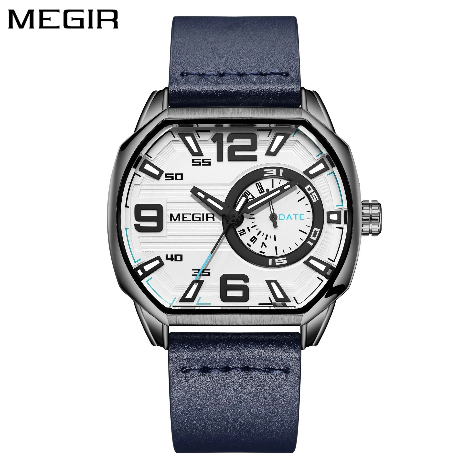 

MEGIR 2201 Men's Watch New Fashion Octagon Large Dial Sports Waterproof Luminous Calendar Genuine Leather Casual Wristwatches