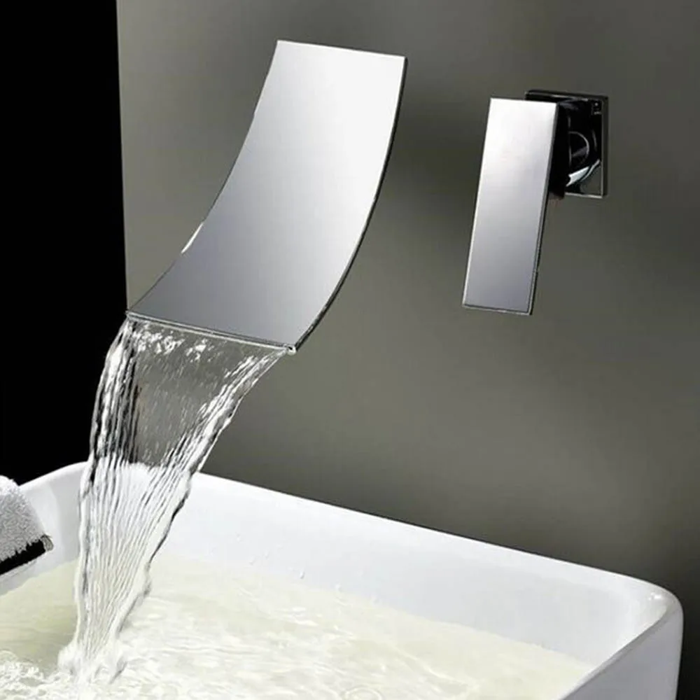 

Wall Mount Bathroom Sink Faucet Waterfall Spout Tub Modern Chrome Mixer Tap