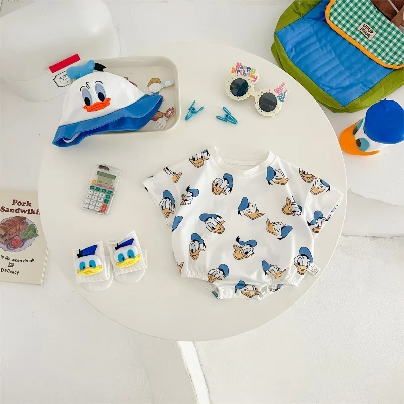 Disney Cartoon Donald Duck Short Sleeve Triangle Wrap Fart Clothes Daisy Duck Baby Hat Socks Cotton Soft Outing Clothing Suit