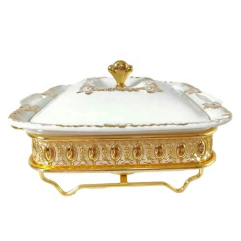 Factory Wholesale Buffet Food Warmer Ceramic Chafing Dishe Rectangular Gold Hotel Party Wedding Universal Container