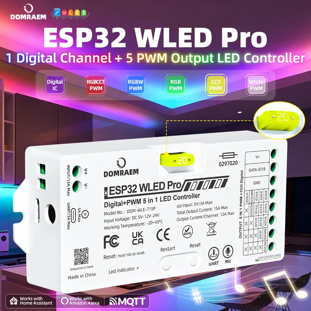 DOMRAEM ESP32 WLED All in One LED Controller Pro/Pro MAX Digital+PWM 5IN1 Ethernet/WiFi Music Sync Alexa Home Assistant WS2812B
