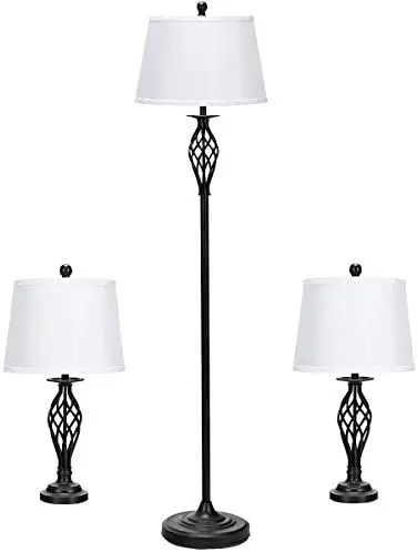 

3-Piece Lamp Set, Floor Lamp and Table Lamp Combo Set with Metal Base and Fabric Shades, Modern Retro 2 Beside Lamps and 1 Floor