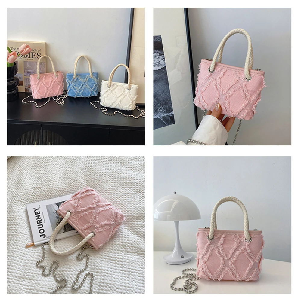 Women's Summer Commute Mini Bag Trendy Chain Crossbody Bag Solid Color High-Quality Frayed Check Pattern Small Square HandBags