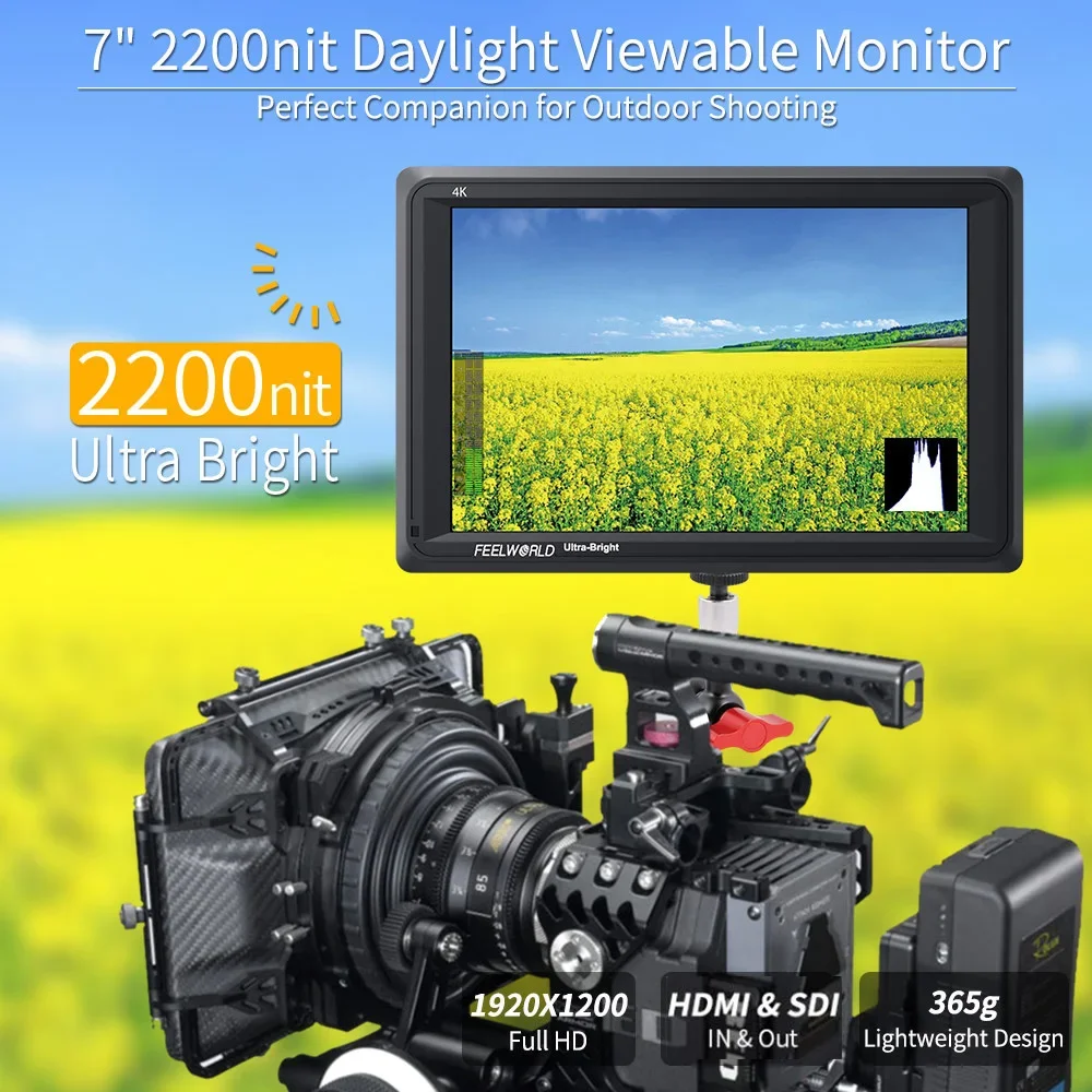 FEELWORLD  7 Inch  Camera Field Monitor  FW279S IPS 2200nits 3G-SDI 4K HDMI Input Output 1920X1200 7