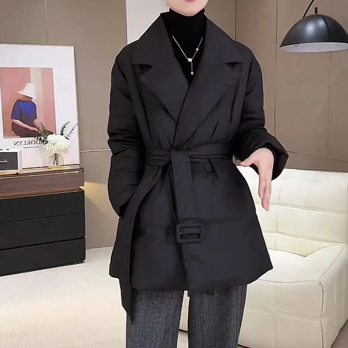 2025 Cotton Jacket for Women with Elegant Winter Temperament Slim and Tall Figure Mid Length Suit Collar Cotton Jacket Solid