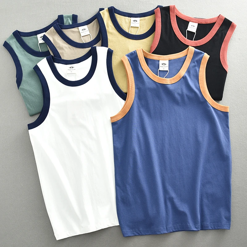 Summer New American Sleeveless O-neck Solid Color T-shirt Men\'s Fashion 100% Cotton Washed Casual Sports Fitness Basketball Vest