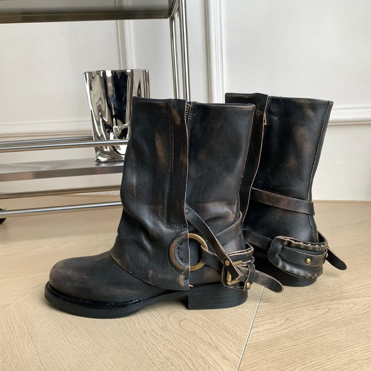 Moto Buckle Strap Ankle Boots Slip On Botas De Mujer Western Women Shoes Vintage Block Heel Designer Fashion Casual Footwear