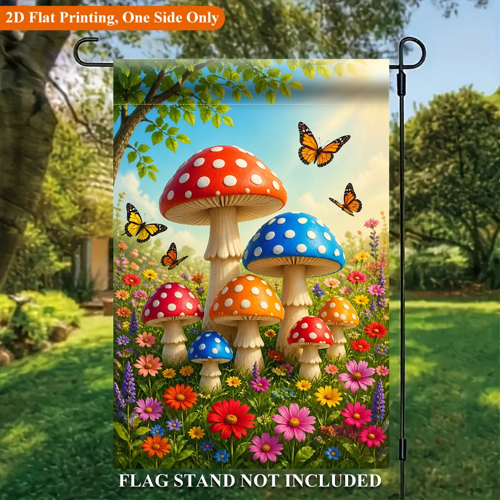 2D Flat Garden Flag 1 Piece, Colorful Mushroom and Butterfly Festive Garden Outdoor Flag for Outdoor Home and Garden Festive Decorations, Valentine's Day, Mother's Day, Christmas, Thanksgiving, Halloween, Flagpole Free (Flags Only)