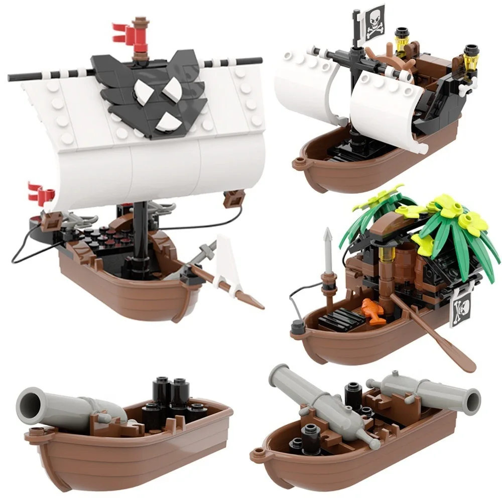 

MOC Assembly Small Particle Building Blocks Drifting Raft Pirate Cannon Ship Port Scene Creative Desktop Ornament