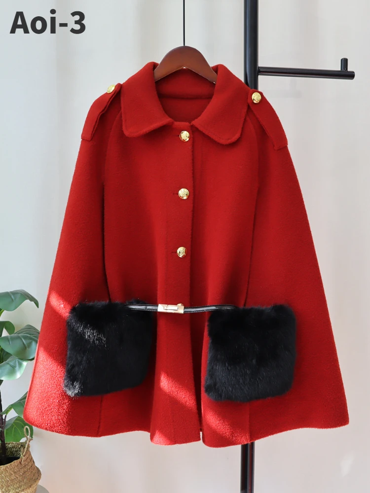 Fashion Knitted Double-Sided Tweed Cape Women 23 Autumn Winter Elegant Single-Breasted Lapel Stitching Fur Pocket Coat With Belt