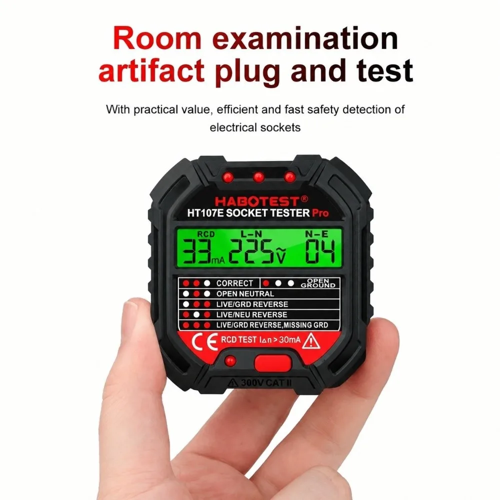 Practical 240V Socket Tester 3in LCD Backlit Display Outlet Tester Multi-Function 5mA GFCI Polarity Checker Indoor