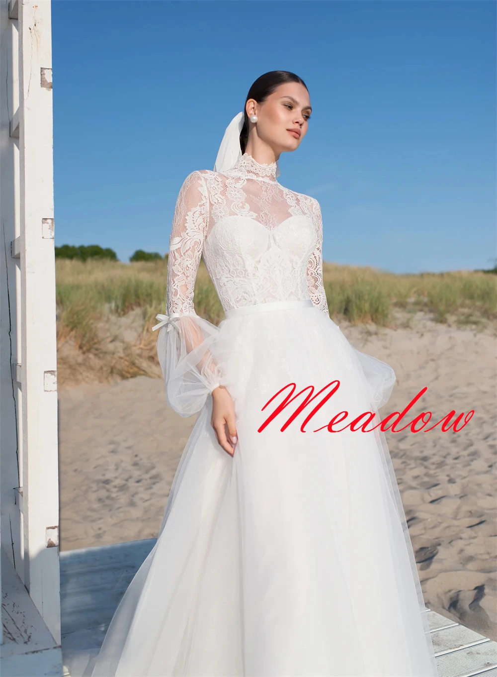 Robe de mariée personnalisée en dentelle Organza blanche exquise, avec nœud, de haute qualité, décolleté haut, manches longues, traîne chapelle