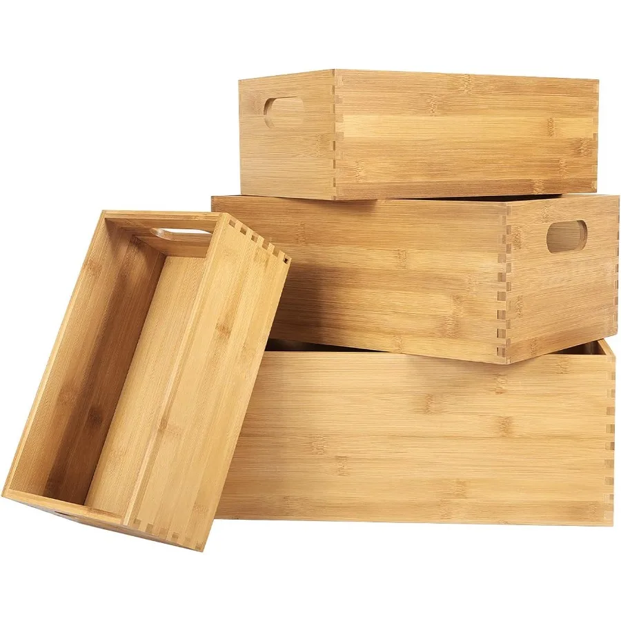 ANMINY Set of 4 Nesting Wooden Crates for Storage Bamboo Wood Storage Containers Bins Handmade Natural Large Wooden Storage Box