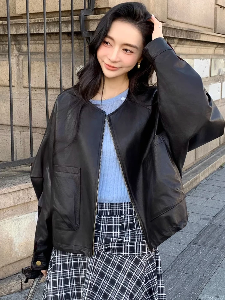 

O-neck Casual Genuine Leather Jackets for Women Spring Autumn 2026 New High-end Simple Reversible Loose Short Real Goatskin Coat