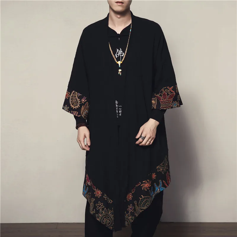 Autumn Clothes New Chinese Style Large Size Cape Gown, Men's Cotton And Linen Ethnic Style Medium And Long Coat