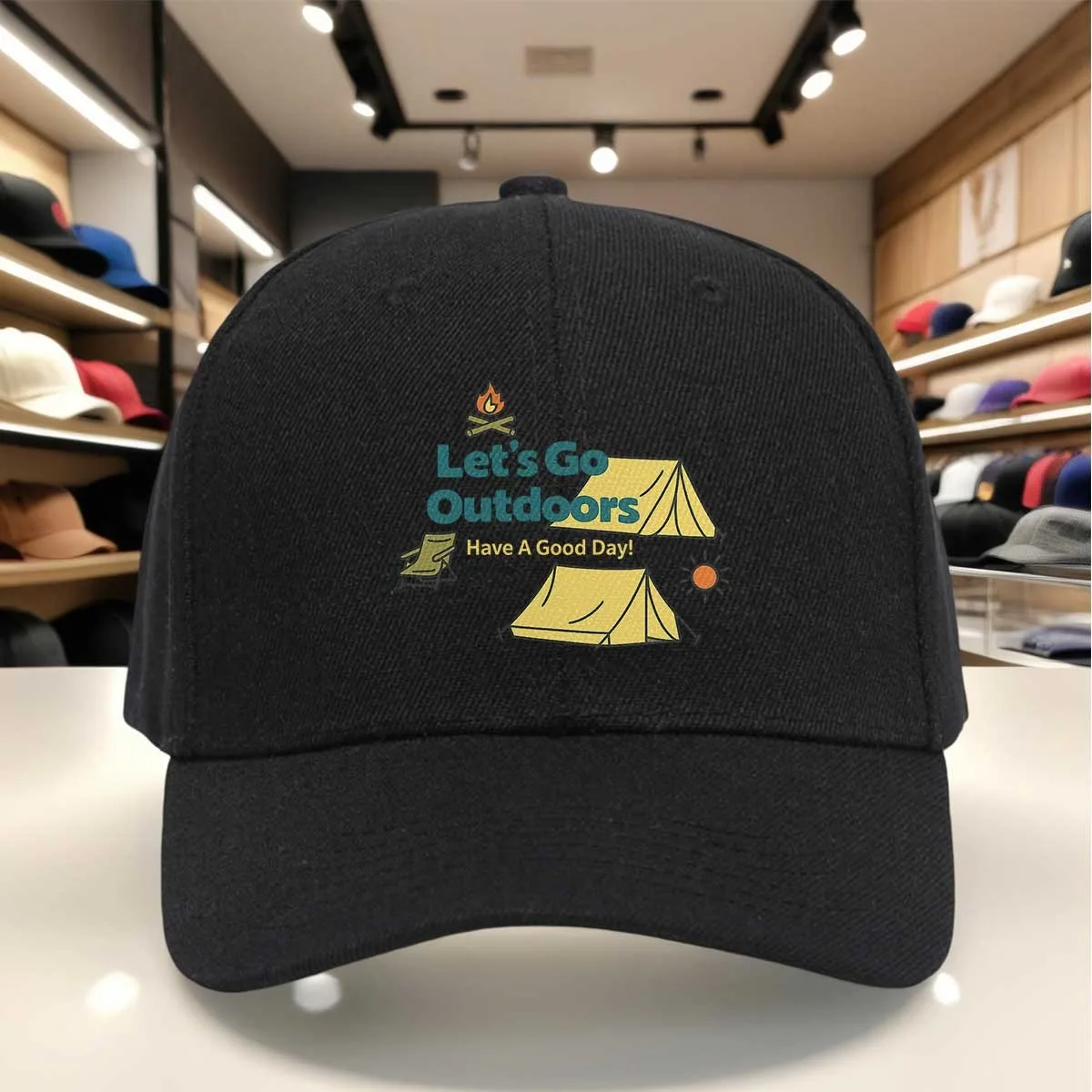 Camping Themed Let'S Go Outdoors Have A Good Day Baseball Cap - Tent Campfire Chair Print Hat, Casual Adjustable Outdoor Cap for