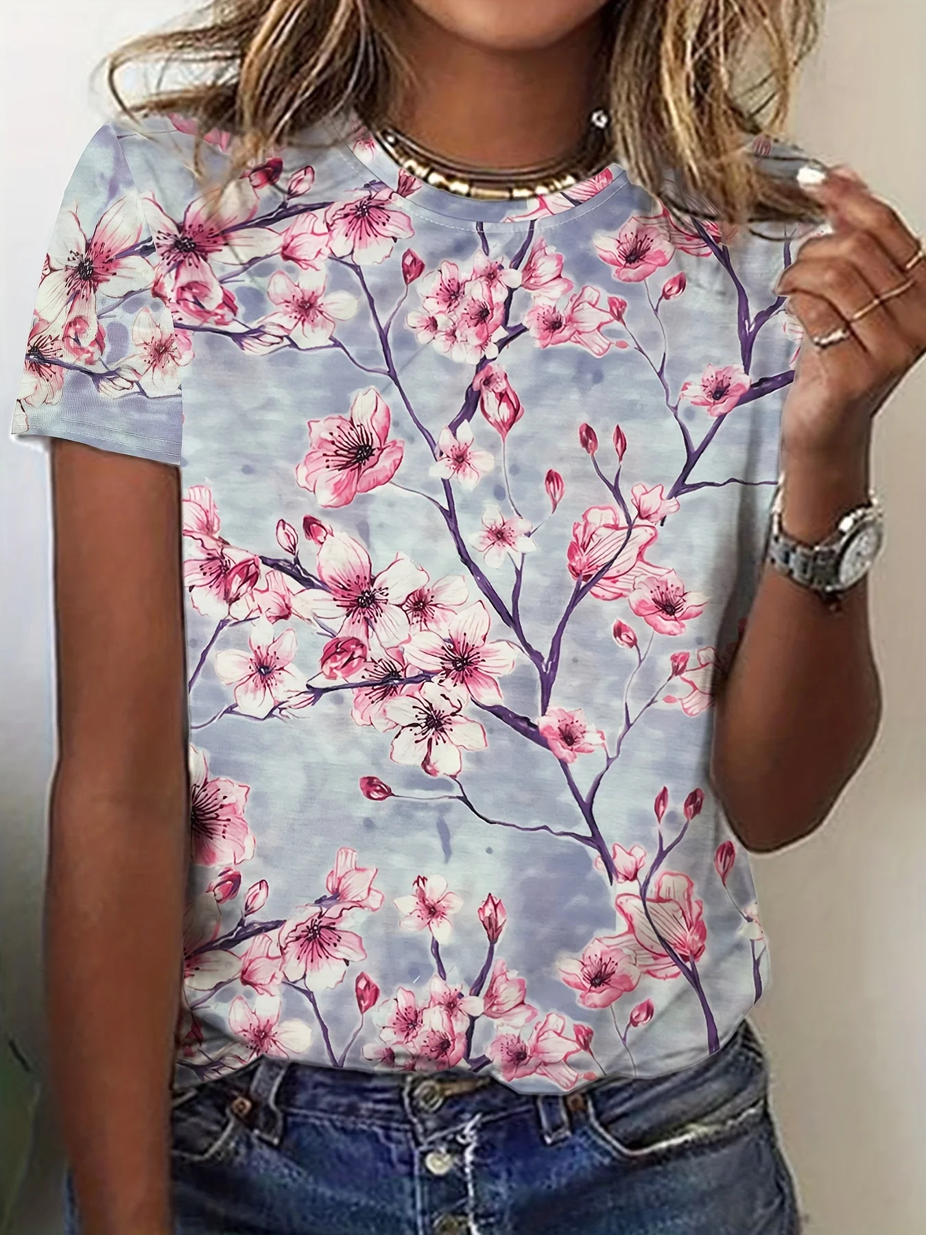 Pale Green Women's Tee - Cherry Blossom Branch Graphic, Delicate Floral Print Design for Casual Daily Wear