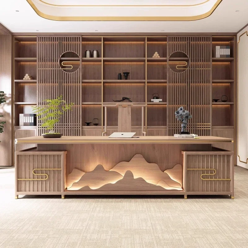 

Desk: solid wood, light luxury, boss table and chairs, modern and simple office