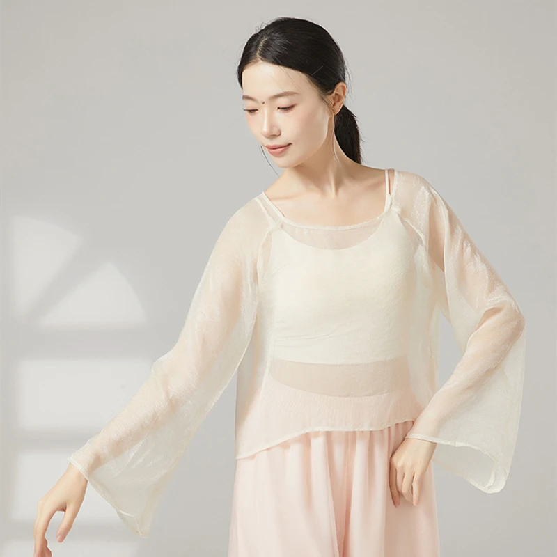 Klassische Tanz Top Frauen Flattern Langarm Gaze Hemd Zurück Split Saree Durchsichtig Fee Bühne Kleidung Leistung Kostüm