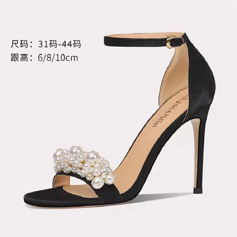 Summer New Silk Face Pearl Line With Open Toe Sexy Sandals Thin High Heel Banquet Dress Versatile Large and Small Women's Shoes