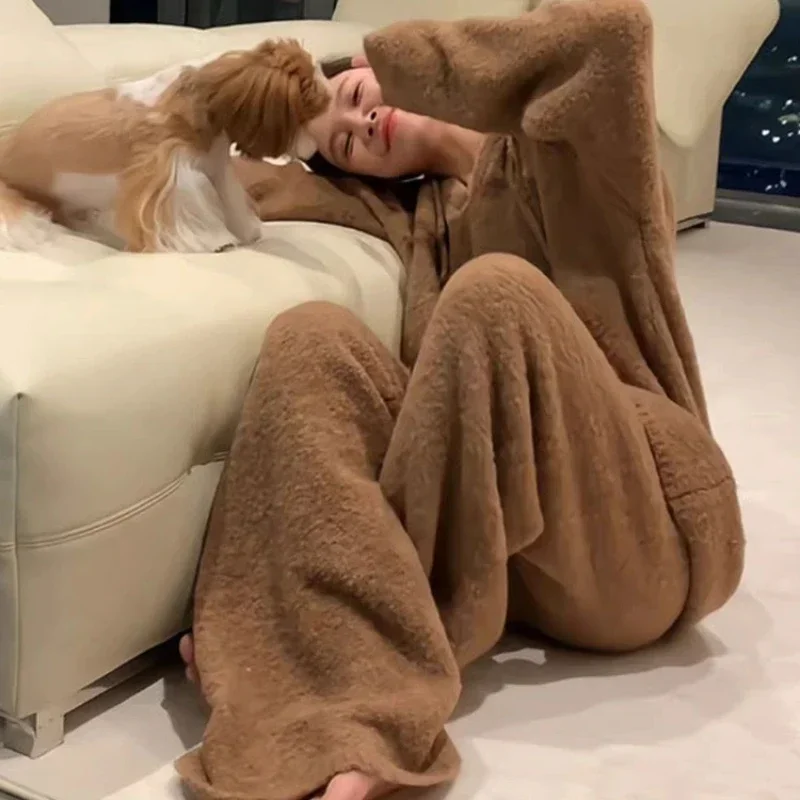Flannel Pajama Sets Women Winter Hooded Sleepwear Thicken Warm Casual Baggy Home Ulzzang Simple Loungewear Fashion Comfortable image 2
