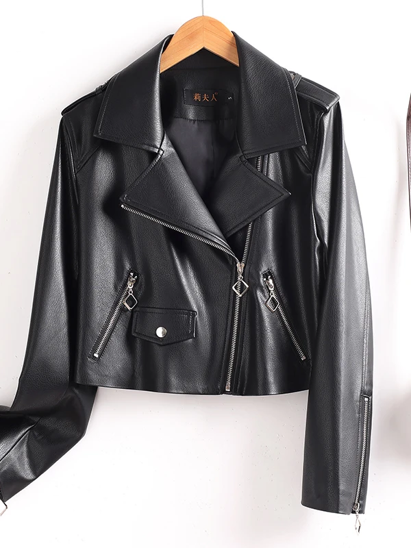   Giacca da Motociclista in Vera Pelle Ning per Donna, Vestibilità Slim, Autunno 2025, Cappotto in Pelle di Pecora con Chiusura a Cerniera