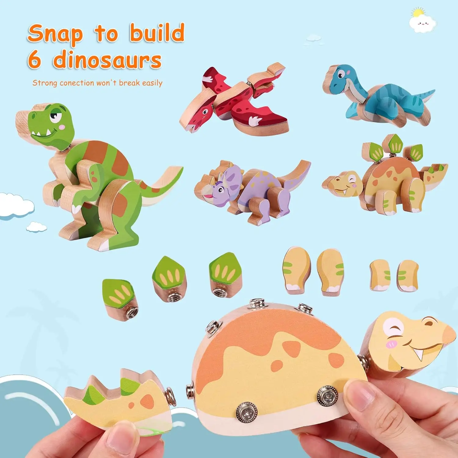 Blocs de construction en bois à connexion instantanée, jouets dinosaures pour enfants de 3 à 5 ans, Kit d'artisanat de construction et de peinture avec peintures, 45 pièces pour enfants