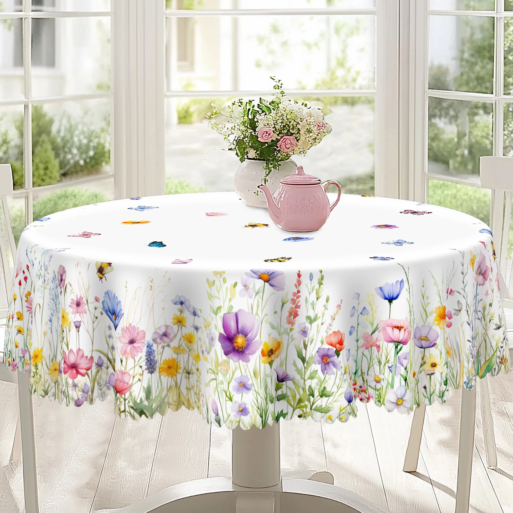 1 Piece of Spring and Summer Floral Round Tablecloth, Available in Various Sizes, Fresh Printed Round Tablecloth with Watercolor Flowers and Butterflies Interwoven, and Grasses Spread Across It, Embossed Edge Craftsmanship, Small Fresh Style, Spring Decoration, Spring Garden Tablecloth Decoration, Suitable for Daily Use in Home Kitchens, Patios, Gardens, Picnic Tablecloths, Spring Home Decoration