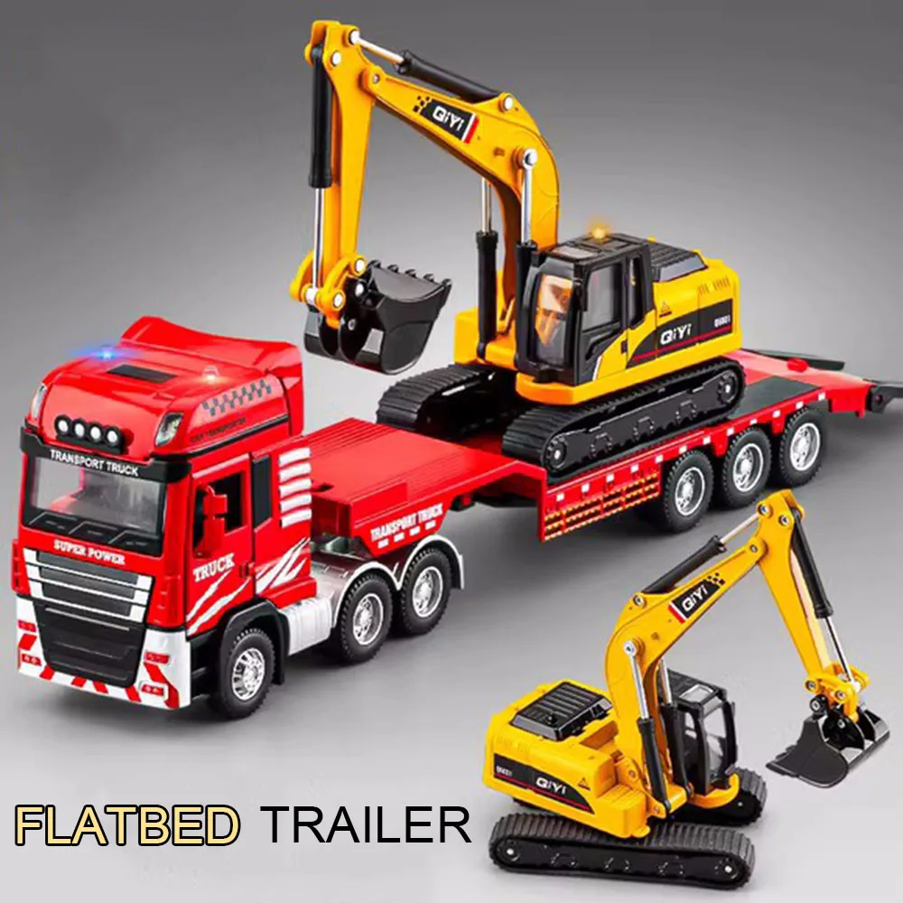 1:48 Alloy Flatbed Trailer Model Toy Cars Multi Joint Mobility Slide Forward Vehicle Light Sound Miniature Car Hobby Collections