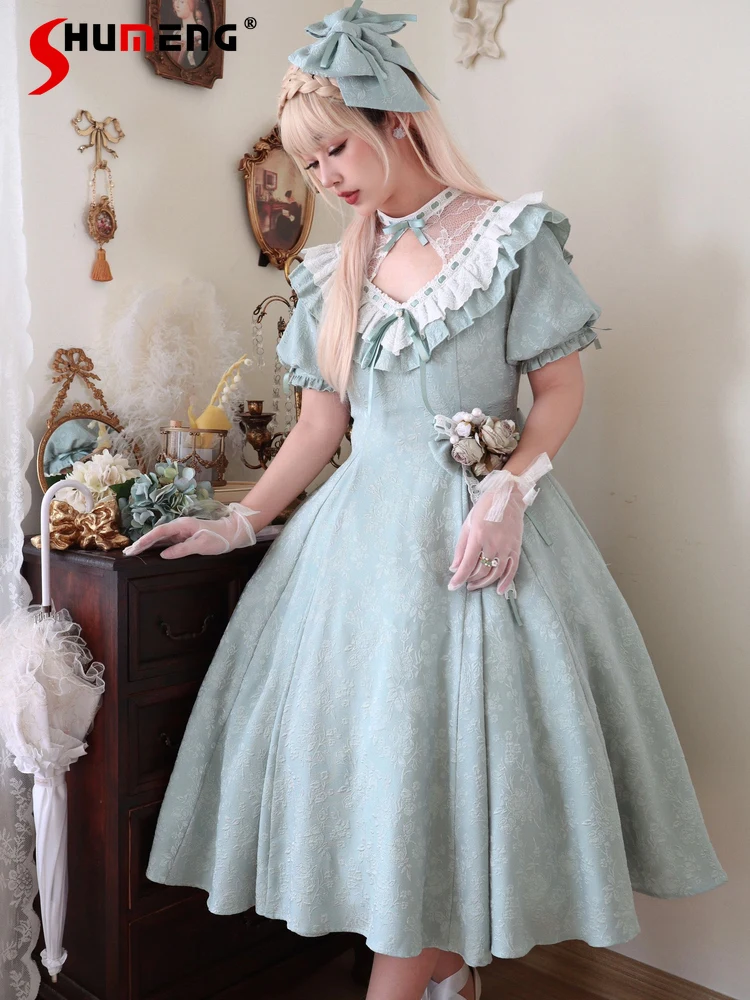 

Japanese Elegant Retro Princess OP Dresses Lace Hollow Crew Neck Puff Sleeve High Waist Lace-up A-line Long Lolita Dress Women