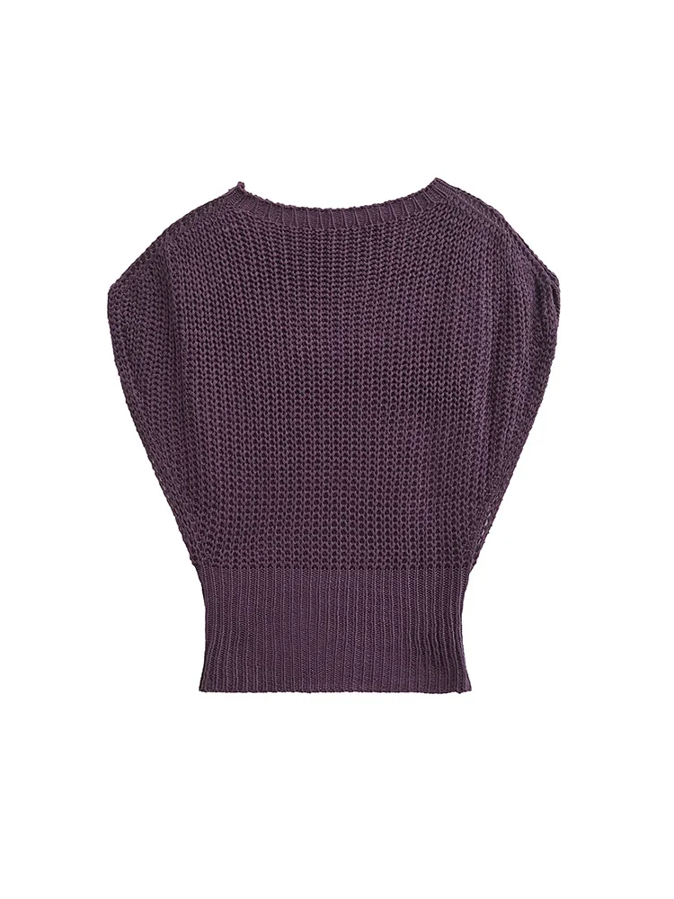 Willshela Women Fashion Purple Pleated Elastic Waist Knitted Vest Vintage O-Neck Sleeveless Female Chic Lady Tank Tops