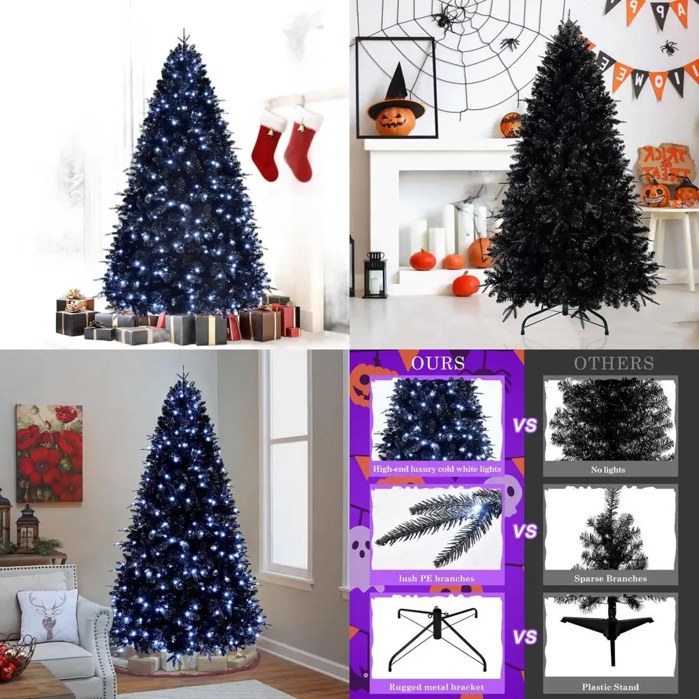 

Черная рождественская елка с предварительной подсветкой, 6 футов, 350 лампочек, 1460 наконечников из ПЭ/ПВХ, идеально подходит для праздничного и декора на Хэллоуин, навесные ветки и