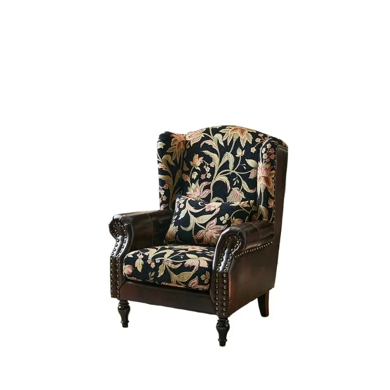 

Flowering tiger chair French retro style fabric leather splicing single chair American living room high back leisure single sofa
