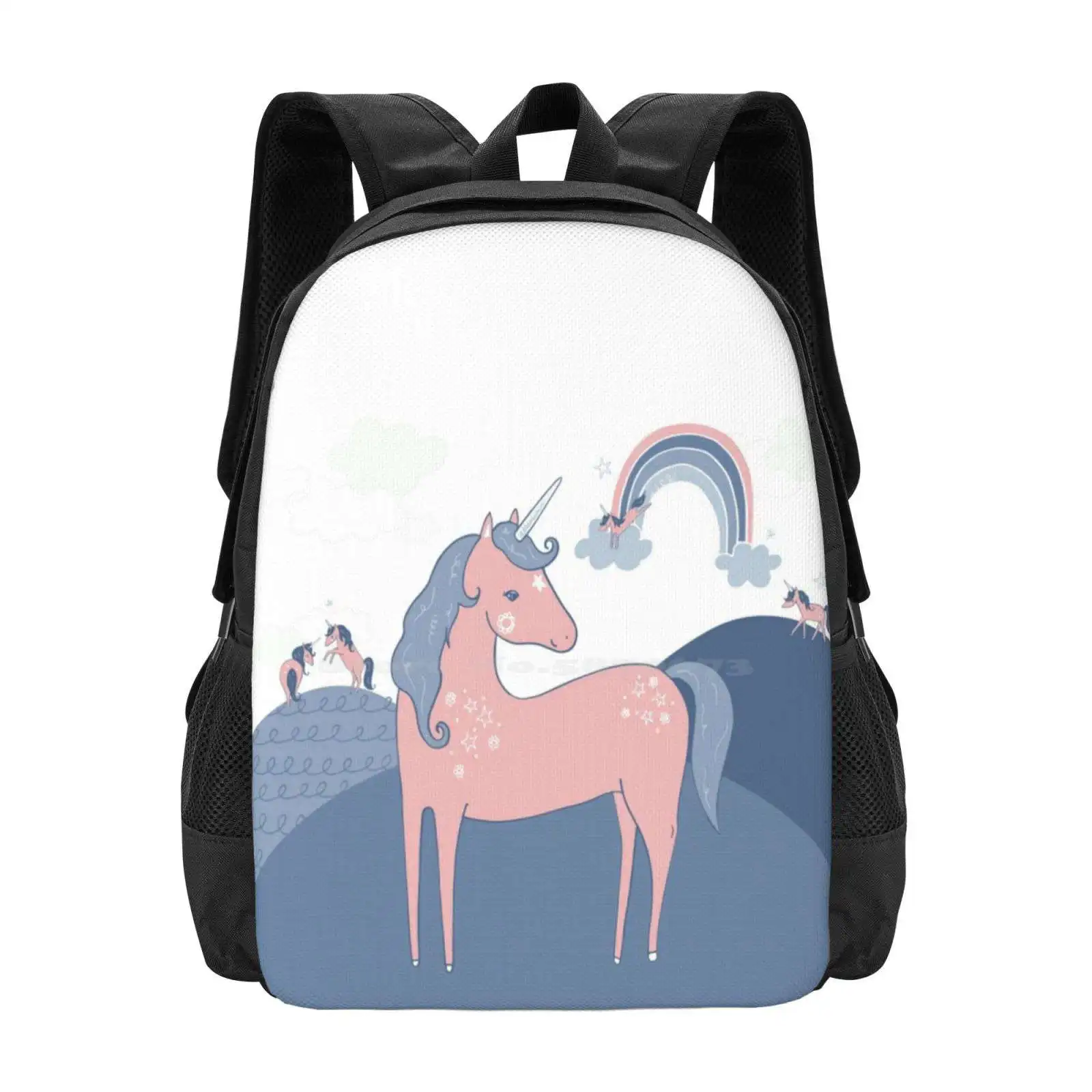 Unicorn Hills 3D Print Design Backpack Student Bag Horse Magical Myth Unicorns Pink Blue Illustrator Pattern Childrens