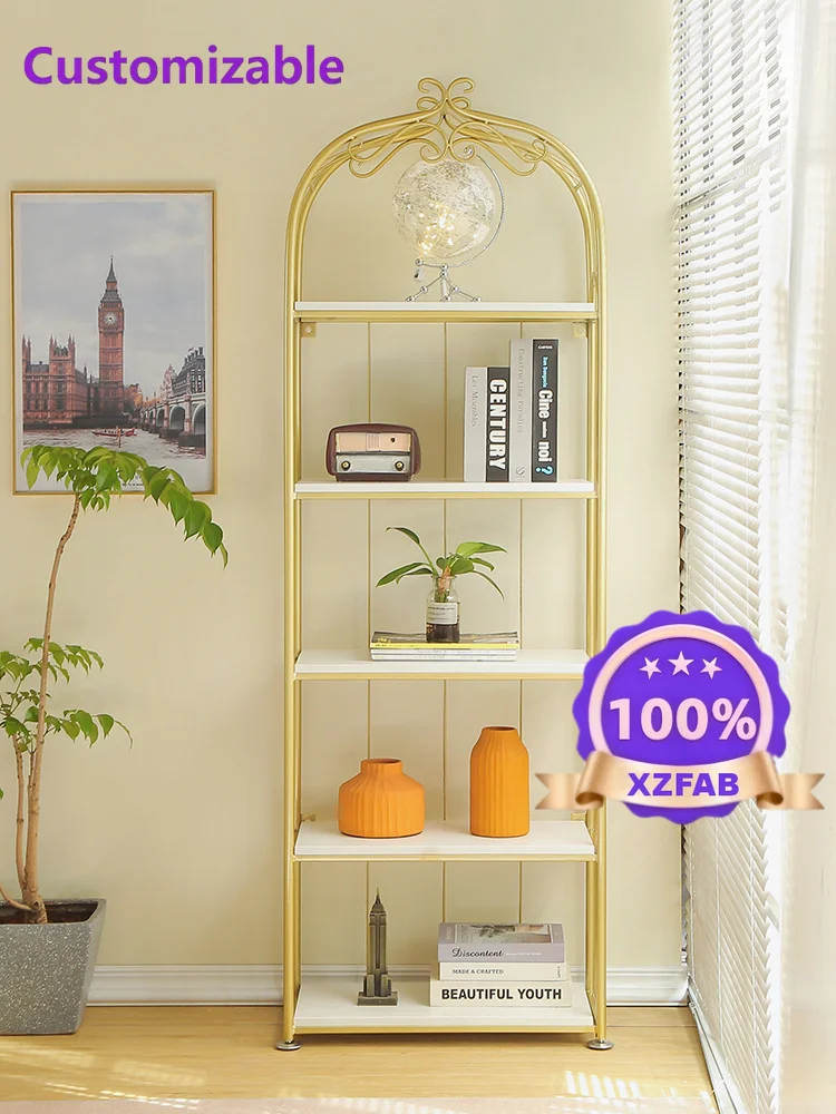 Factory Direct 2026 Nordic storage rack, light luxury bookshelf, floor to ceiling gold living room storage rack, bedroom storage