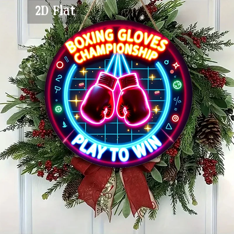 2D Flat - 1pc Neon Boxing Gloves Round Panel Artwork, Designed for a Championship Theme. This Sporty Neon Art Serves As Wall Dec