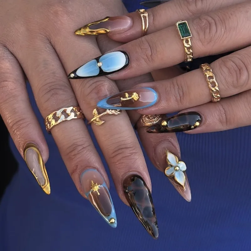 

24PCS Almond Fake Nails Brown Blue Luxe Design Gold Metallic 3D Flower Tortoiseshell Handmade Press on Nails Elegant Vintage Art