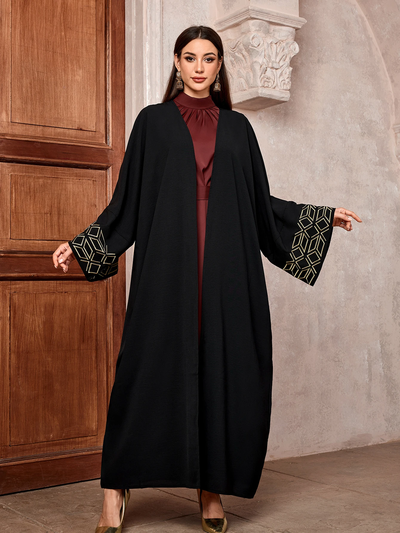 Muslim Womens Black Abaya with Geometric Embroidery on Sleeves Stylish for Islamic Modest Fashion in Daily and Formal Occasions