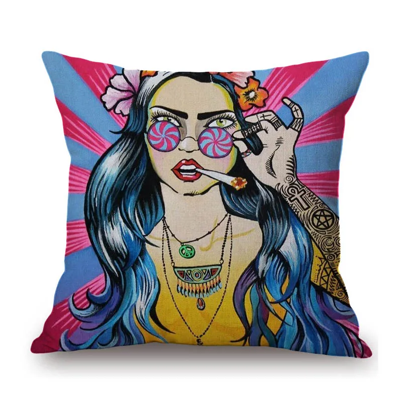 Cartoon POP Art Hippie Modern Art Sun Girl Fashion Sofa Throw Pillow Case Cotton Linen Bench Cushion Cover Case