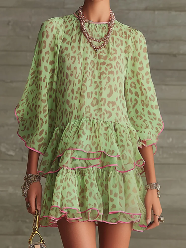 Damen Schickes Patchwork-Minikleid O-Ausschnitt Dreiviertelärmel Süßer Stil Frühling Sommer Elegantes Urlaubsparty-Kleid Modisches Damenkleid