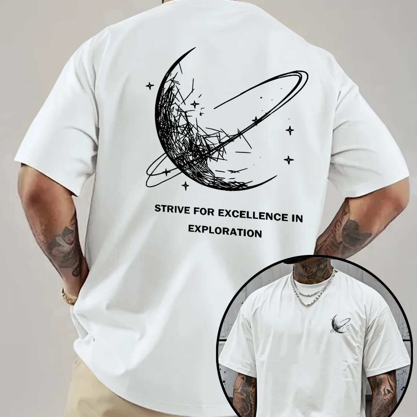Space Planet Ring Graphic Men's Cotton T-Shirt Strive Exploration Casual Short Sleeve Tee