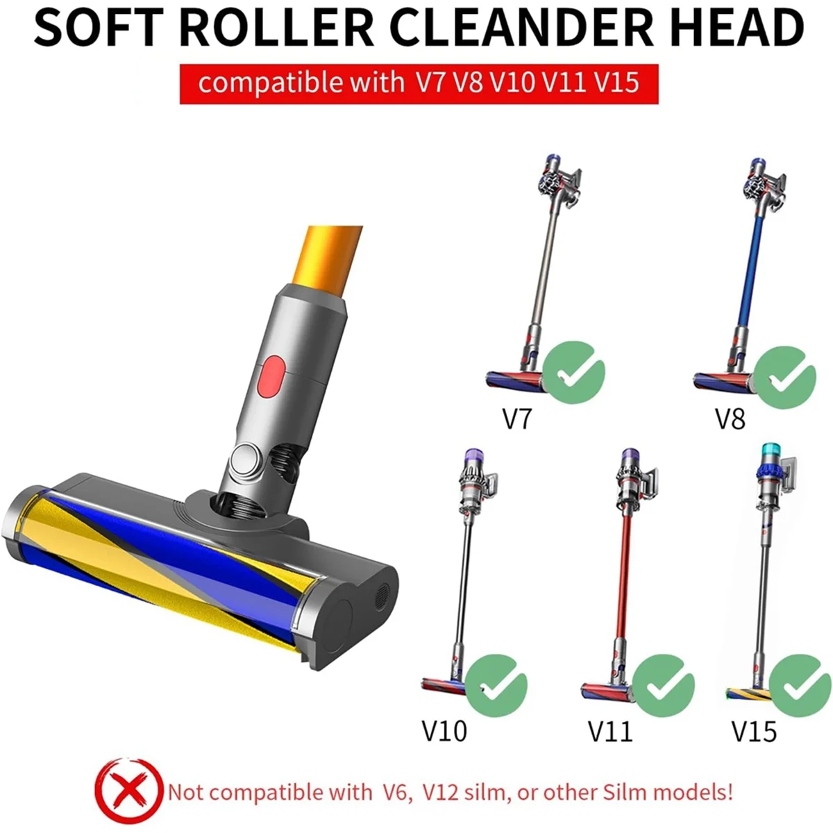 For Dyson V7 V8 V10 V11 V15 Vacuum Head Cleaners Attachments with Dust Detector Light, Soft Roller Cleaner Head Parts