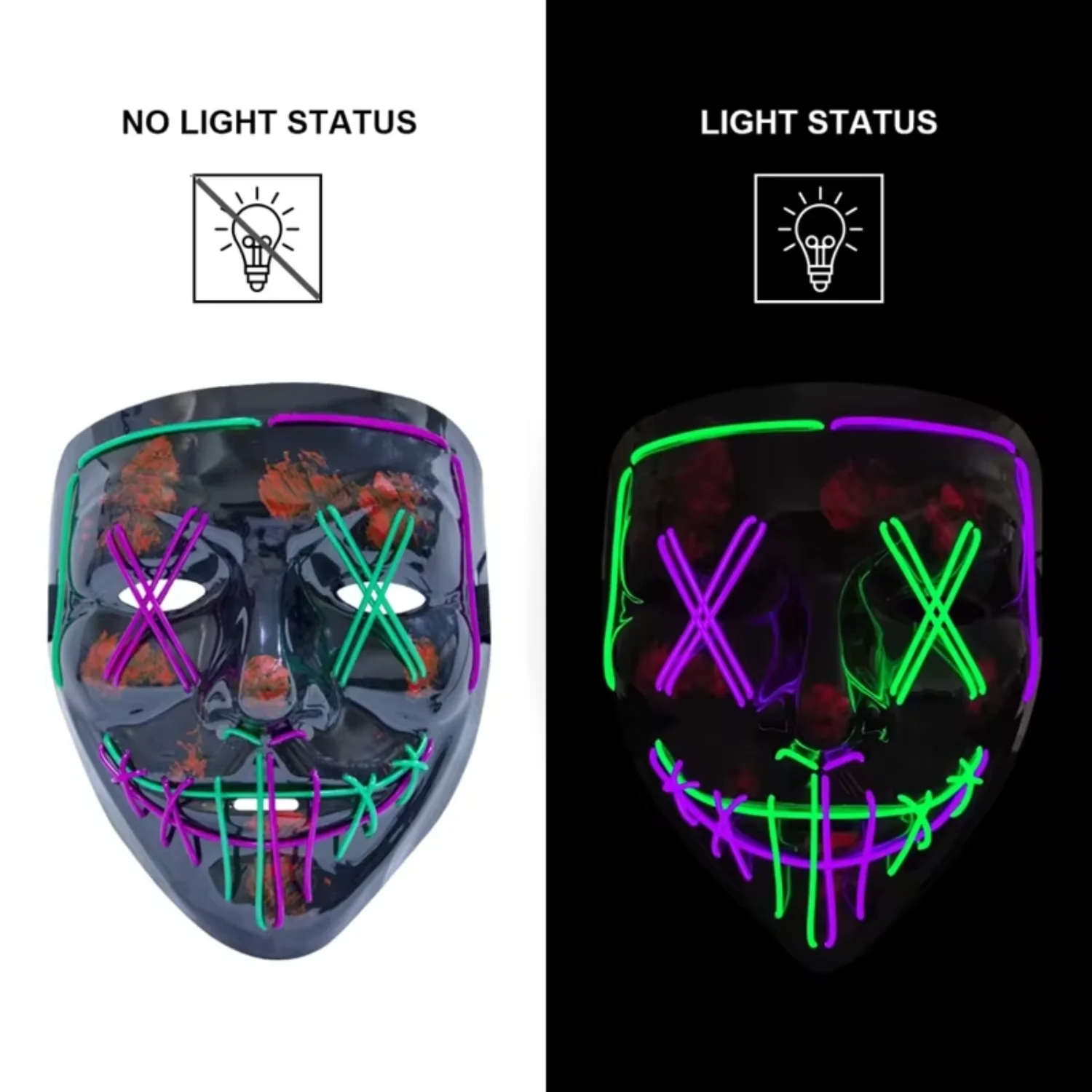 2024 Hot Sale Halloween LED Glowing Black V Word Mask with Blood Horror Facepiece Christmas Party Silk Masks Printed Mask