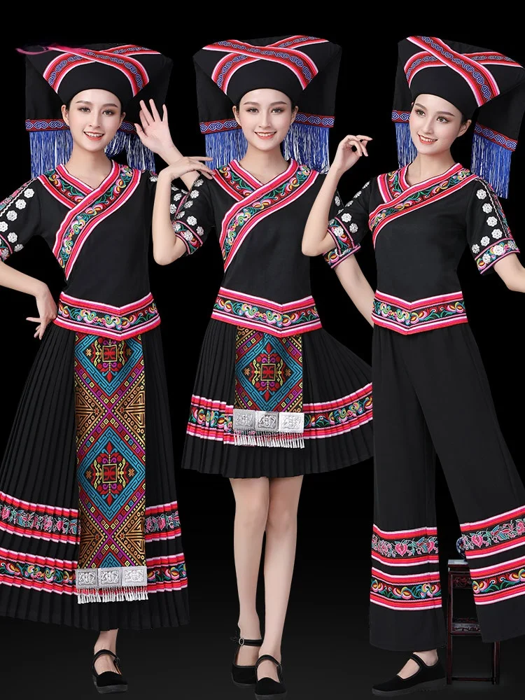 

Этническая одежда для взрослых: Костюм для выступлений народностей Чжуан, Мяо, Тудзя. Модный традиционный сценический наряд для женщин.