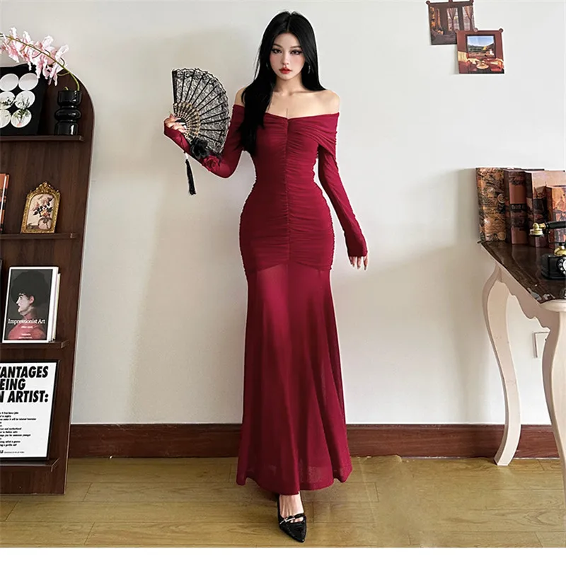 Women Long Sleeve Off Shoulder Red Black Long Dress New Sexy Slash Neck Mesh Patchwork Dress Strapless Sheer Pencil Party Dress