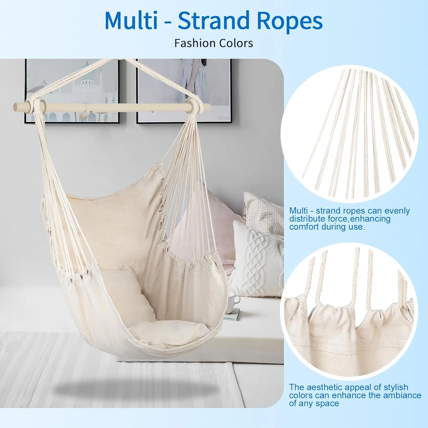 Sturdy Frame Outdoor/Indoor Hanging Chair Soft Comfortable Design Portable Easy Install for Gardens Terraces Balconies Bedrooms All-Weather Durable Rocking Chair for Reading Nooks - view 6