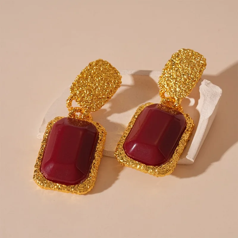 중세 빈티지 레드 수지 귀걸이 여성 패션 기하학 타원형 사각형 드롭 매달려 귀걸이 궁전 스타일 귀 액세서리
